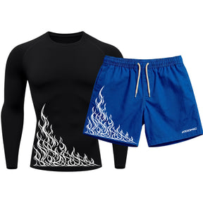 Kit Camiseta Térmica Manga Longa Uv E Bermuda Elastano Estampa Flame Velocity Rash Guard