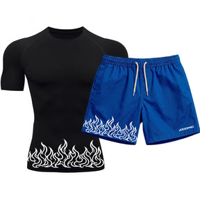 Kit Camiseta Térmica Manga Curta Uv E Bermuda Elastano Estampa Fire Line Blaze Rash Guard