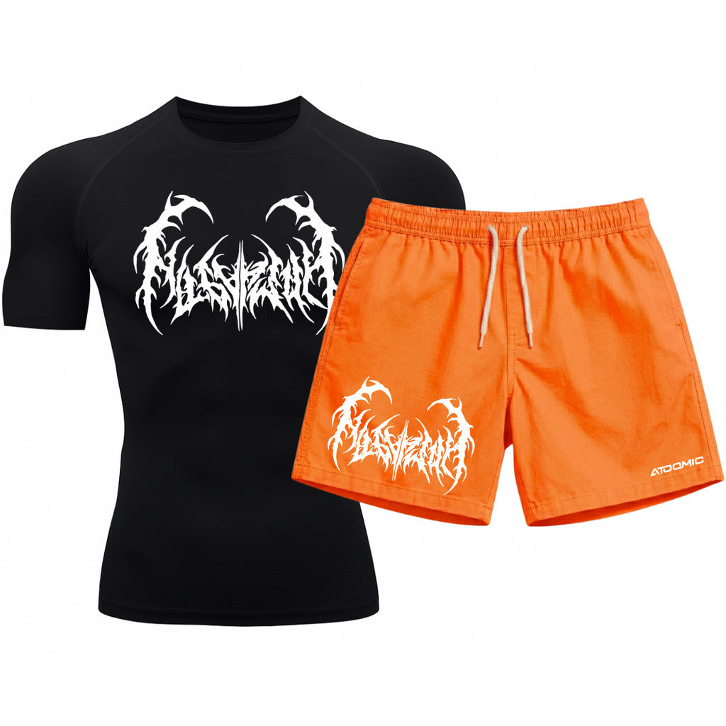 Kit Camiseta Térmica Manga Curta Uv E Bermuda Elastano Estampa Cyber Tribal Dark Metal Rash Guard