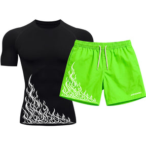 Kit Camiseta Térmica Manga Curta Uv E Bermuda Elastano Estampa Flame Velocity Rash Guard