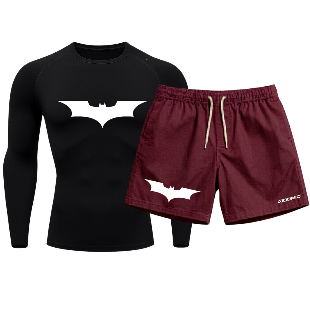 Kit Camiseta Térmica Manga Longa Uv E Bermuda Elastano Estampa Batman Rash Guard