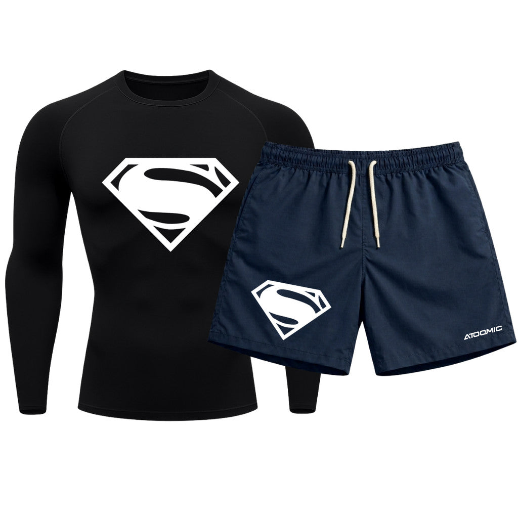 Kit Camiseta Térmica Manga Longa Uv E Bermuda Elastano Estampa Super Man Rash Guard