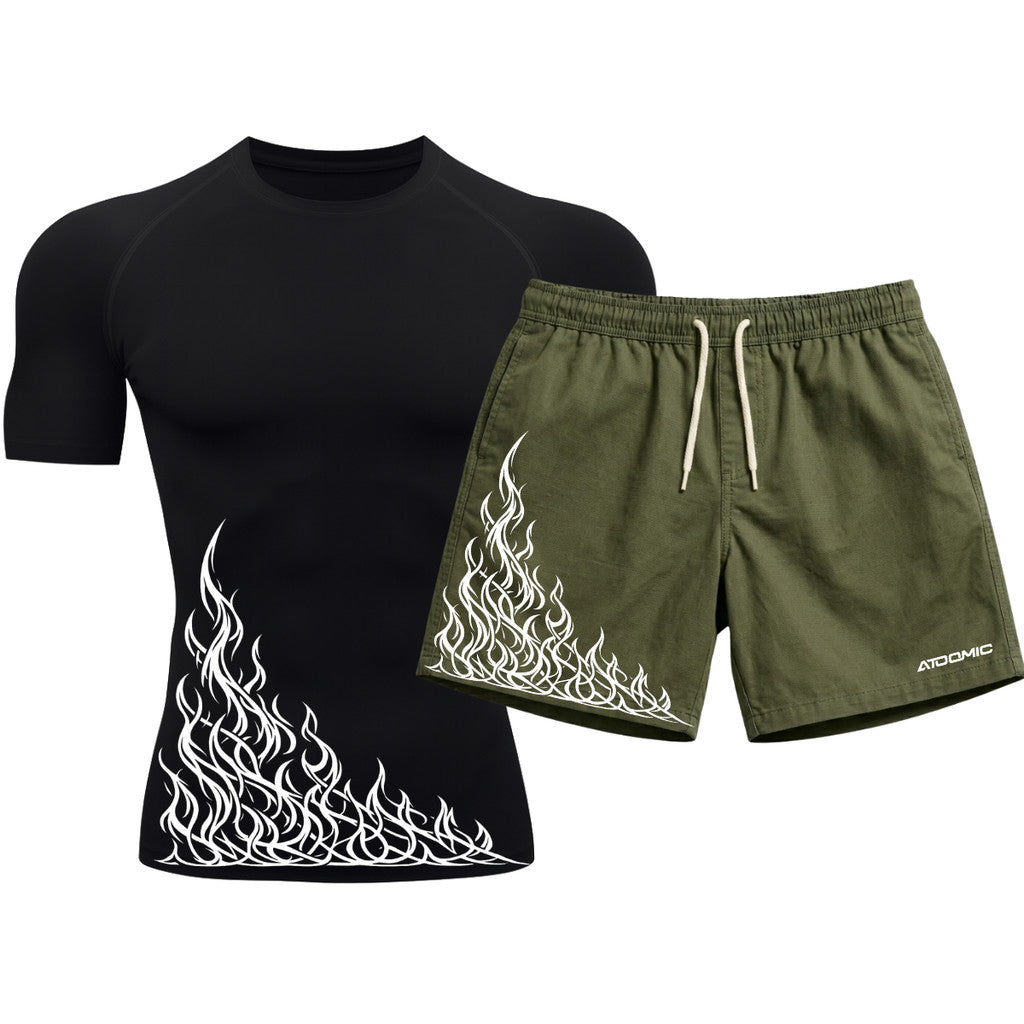 Kit Camiseta Térmica Manga Curta Uv E Bermuda Elastano Estampa Flame Velocity Rash Guard