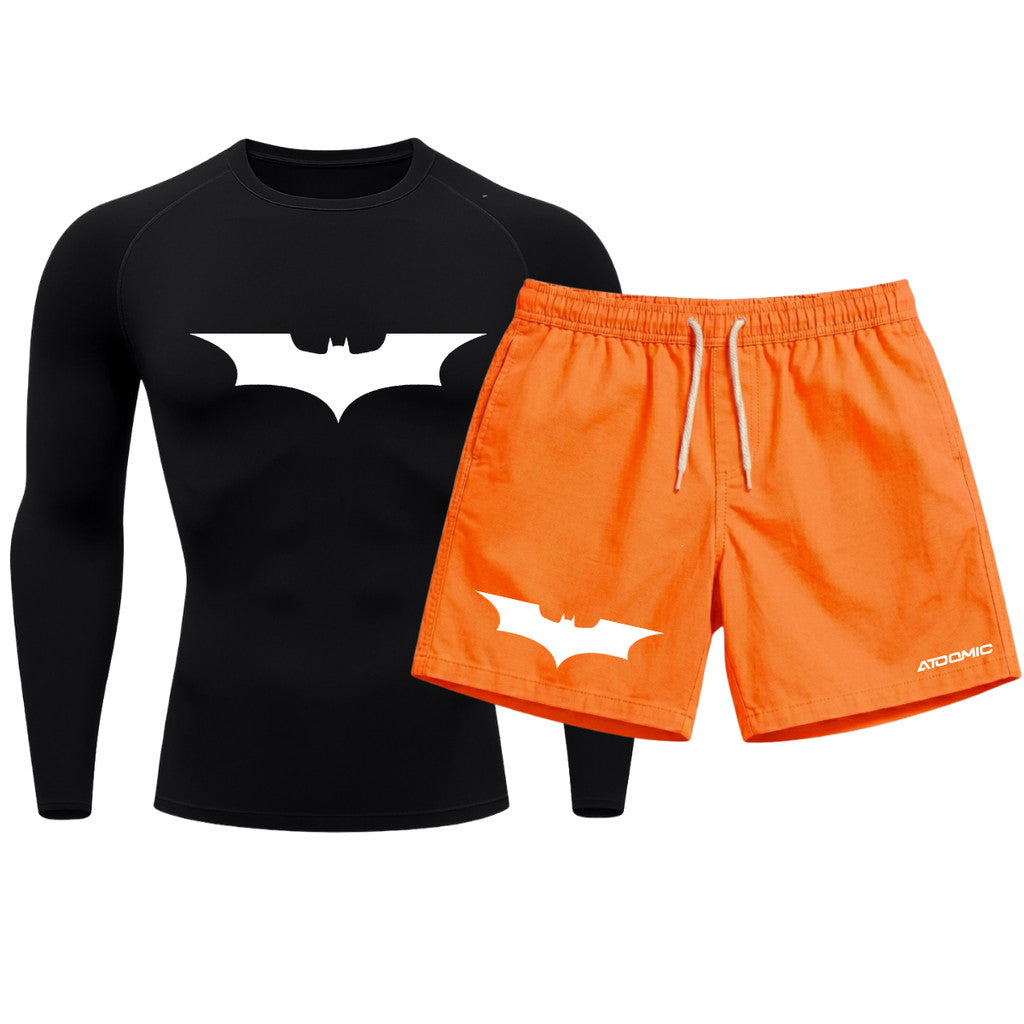 Kit Camiseta Térmica Manga Longa Uv E Bermuda Elastano Estampa Batman Rash Guard