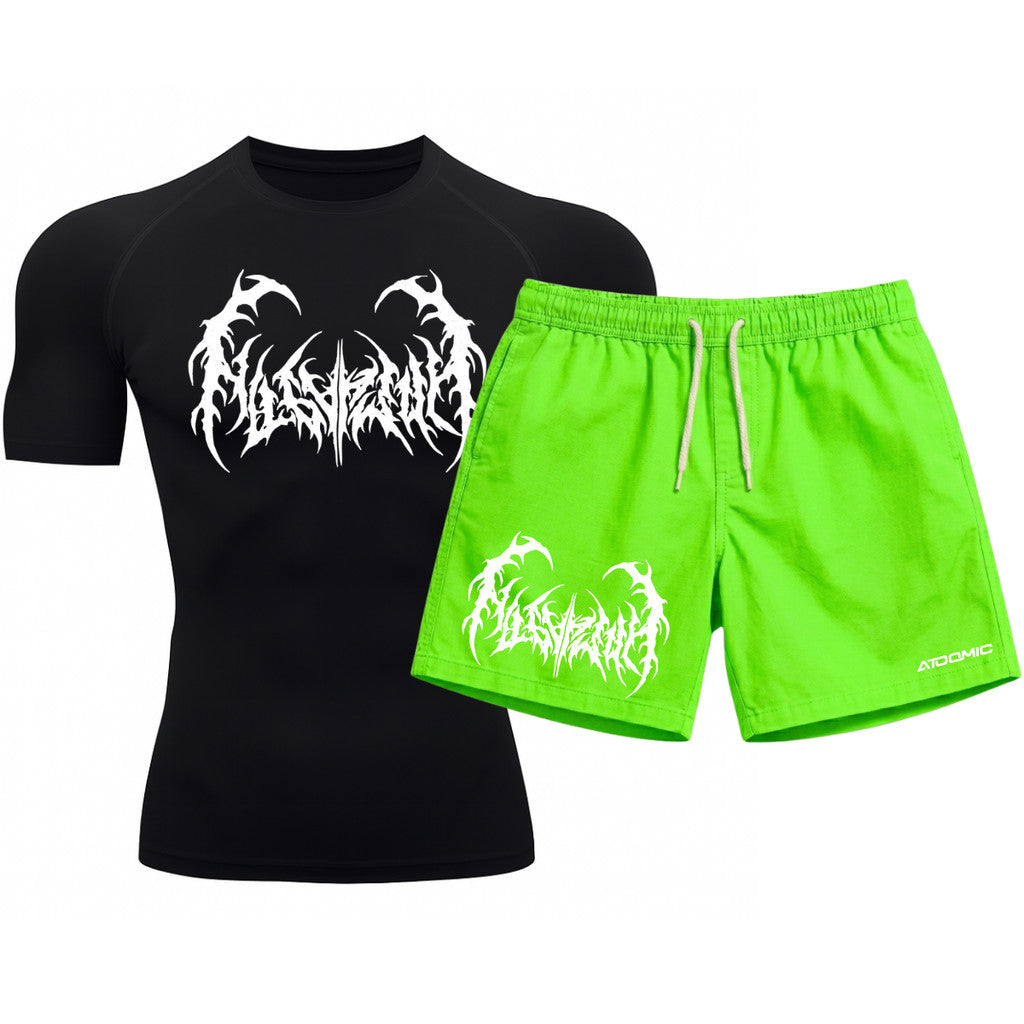 Kit Camiseta Térmica Manga Curta Uv E Bermuda Elastano Estampa Cyber Tribal Dark Metal Rash Guard