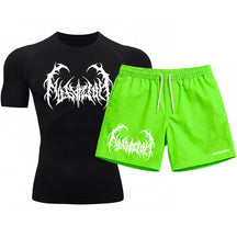 Kit Camiseta Térmica Manga Curta Uv E Bermuda Elastano Estampa Cyber Tribal Dark Metal Rash Guard