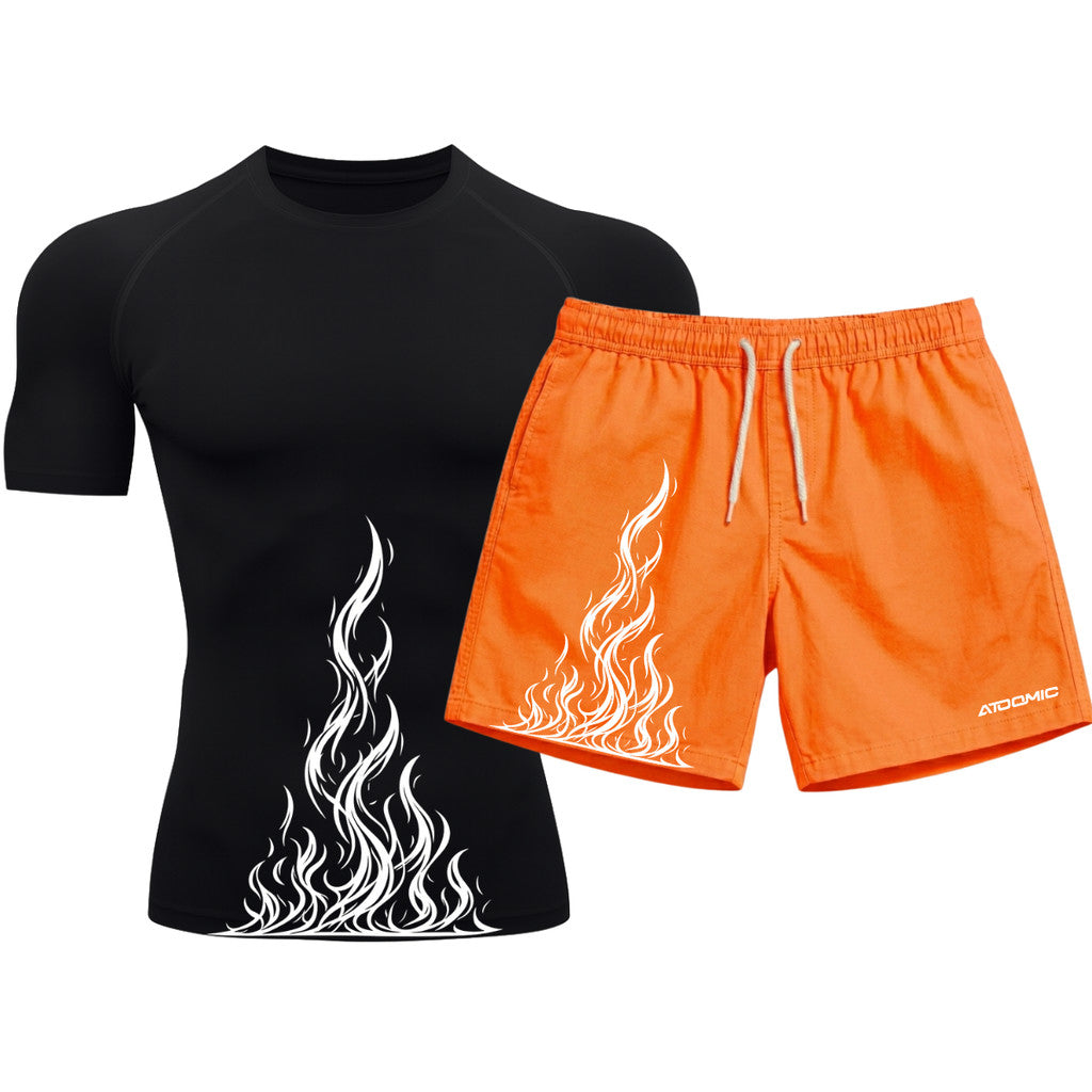 Kit Camiseta Térmica Manga Curta Uv E Bermuda Elastano Estampa Fire Ascension Rash Guard