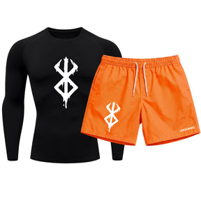 Kit Camiseta Térmica Manga Longa Uv E Bermuda Elastano Estampa Berderk Rash Guard