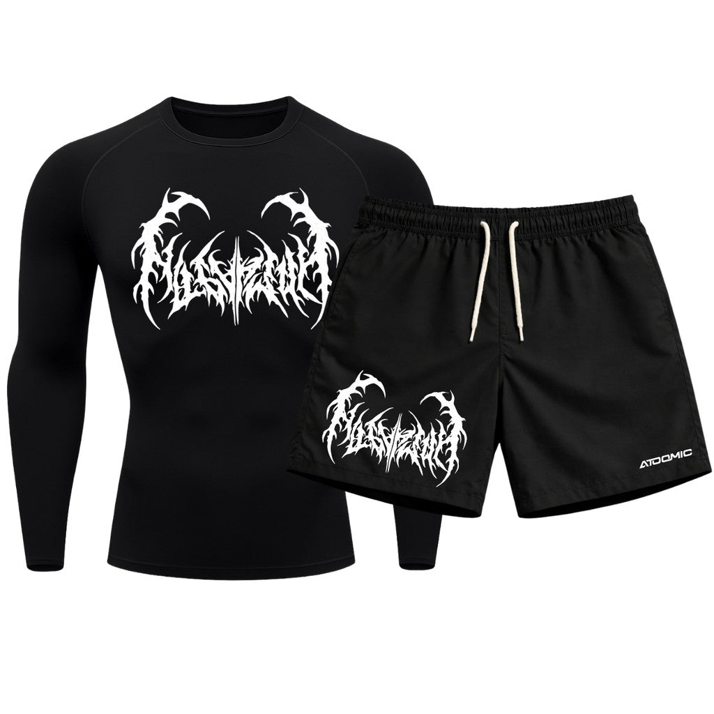 Kit Camiseta Térmica Manga Longa Uv E Bermuda Elastano Estampa Cyber Tribal Dark Metal Rash Guard