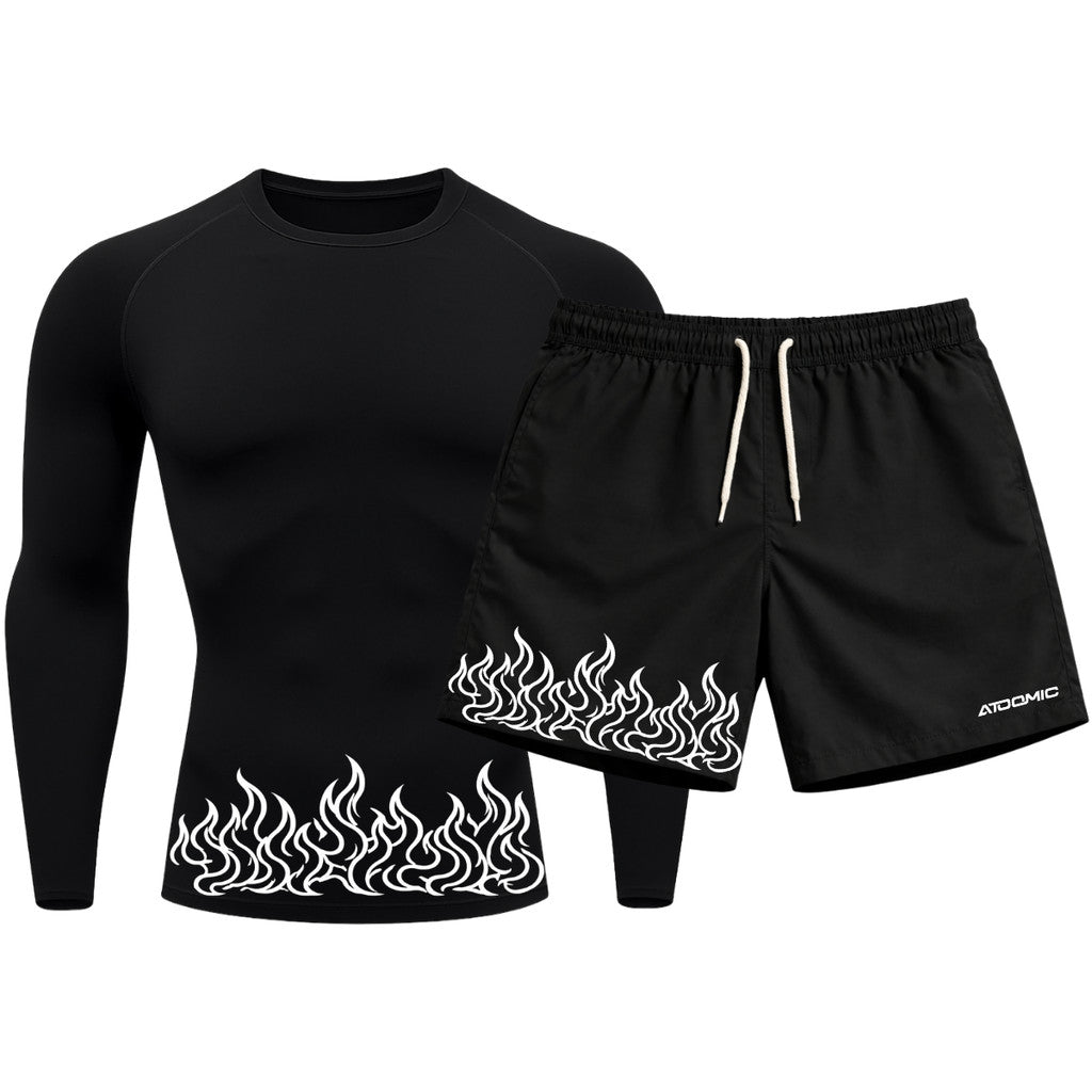 Kit Camiseta Térmica Manga Longa Uv E Bermuda Elastano Estampa Fire Line Blaze Rash Guard