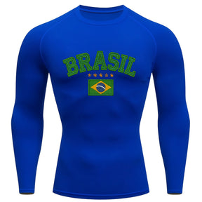 Camiseta Compressão Manga Longa UV Brasil Bandeira Estilo Bordado Colorido Varias Cores Rash Guard