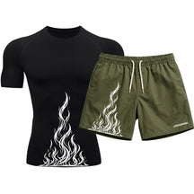 Kit Camiseta Térmica Manga Curta Uv E Bermuda Elastano Estampa Fire Ascension Rash Guard