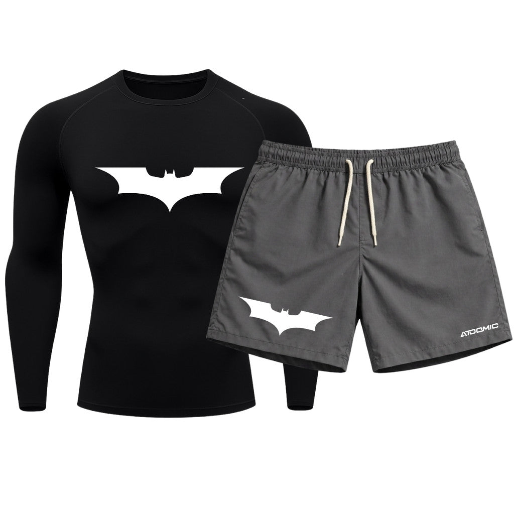 Kit Camiseta Térmica Manga Longa Uv E Bermuda Elastano Estampa Batman Rash Guard