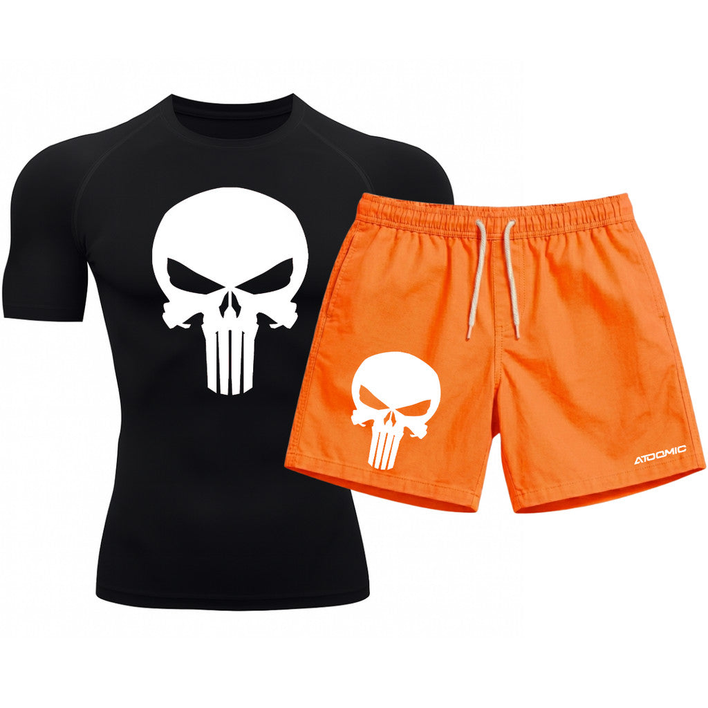Kit Camiseta Térmica Manga Curta Uv E Bermuda Elastano Estampa Justiceiro Rash Guard
