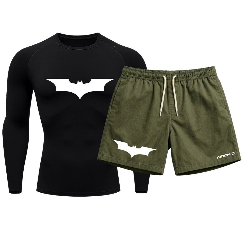 Kit Camiseta Térmica Manga Longa Uv E Bermuda Elastano Estampa Batman Rash Guard